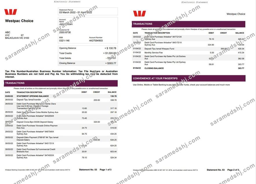 Australia Westpac Bank Statement 3 pages
